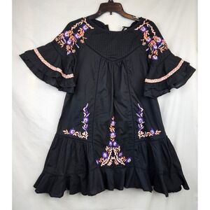Free People Pavlo Black Embroidered Ruffle Tiered Dress S Boho Cottagecore